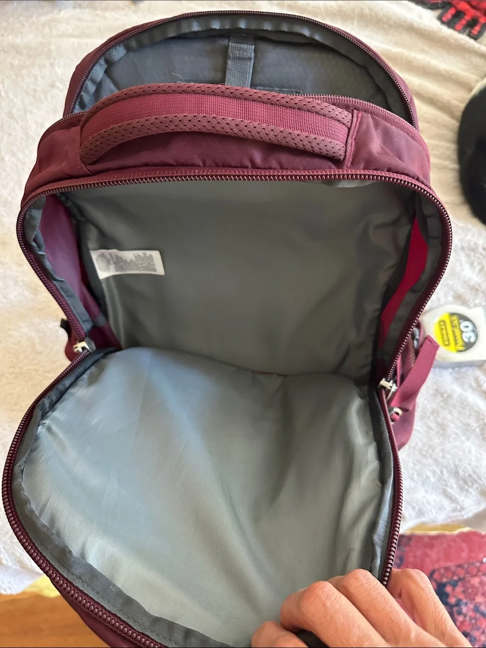 The North Face Maroon Backpack with Gray Accents